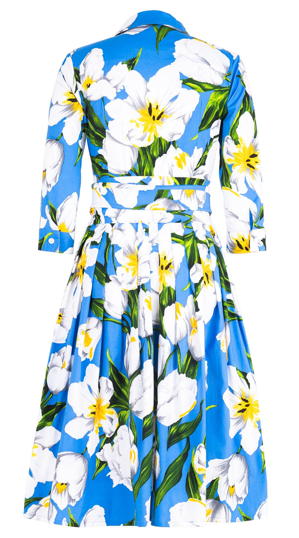 Audrey Dress #2 Shirt Collar 3/4 Sleeve Long Length Cotton Stretch (Emperor Tulip Bright)