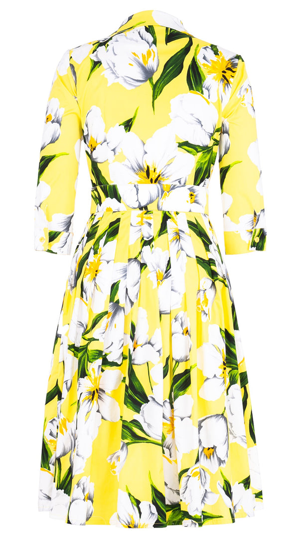 Audrey Dress #2 Shirt Collar 3/4 Sleeve Long Length Cotton Stretch (Emperor Tulip Bright)