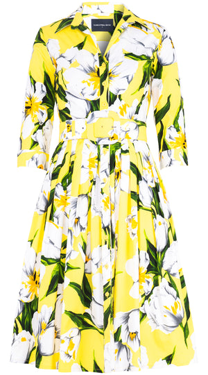 Audrey Dress #2 Shirt Collar 3/4 Sleeve Long Length Cotton Stretch (Emperor Tulip Bright) @2