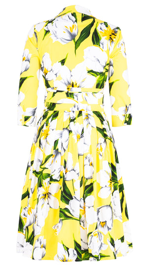 Audrey Dress #2 Shirt Collar 3/4 Sleeve Long Length Cotton Stretch (Emperor Tulip Bright)