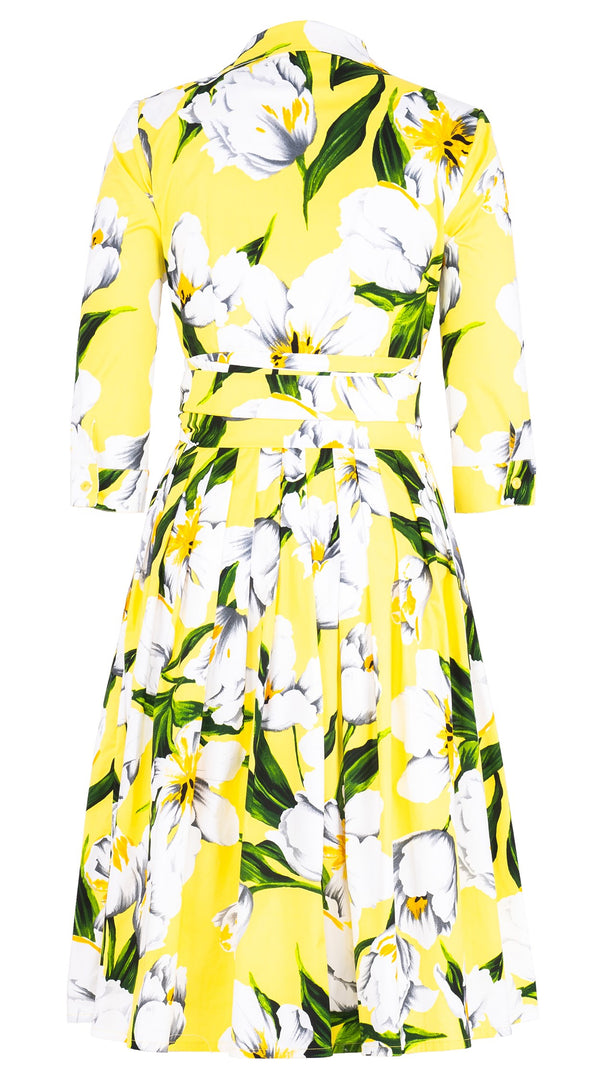 Audrey Dress #2 Shirt Collar 3/4 Sleeve Long Length Cotton Stretch (Emperor Tulip Bright)