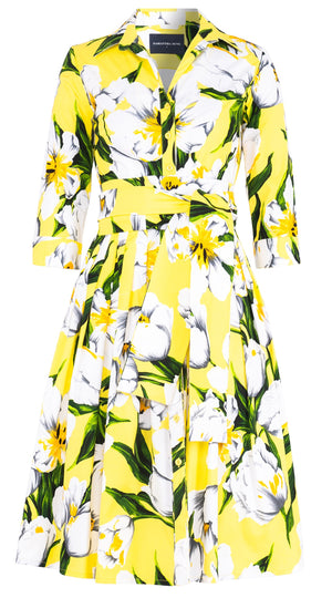 Audrey Dress #2 Shirt Collar 3/4 Sleeve Long Length Cotton Stretch (Emperor Tulip Bright)