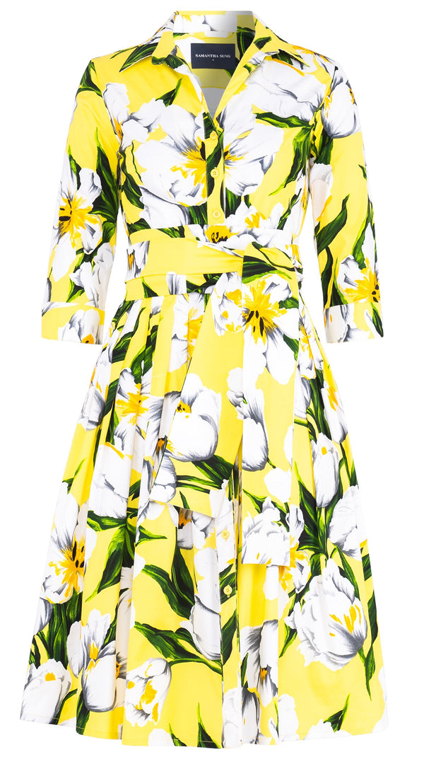 Audrey Dress #2 Shirt Collar 3/4 Sleeve Long Length Cotton Stretch (Emperor Tulip Bright)
