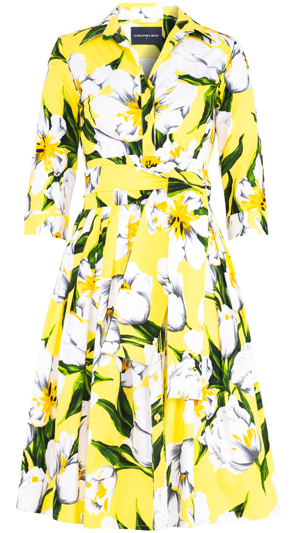 Audrey Dress #2 Shirt Collar 3/4 Sleeve Long Length Cotton Stretch (Emperor Tulip Bright) @2