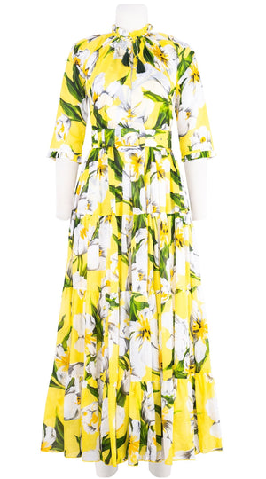 Eva Dress Crew Neck 3/4 Sleeve Maxi Length Cotton Musola (Emperor Tulip Bright)