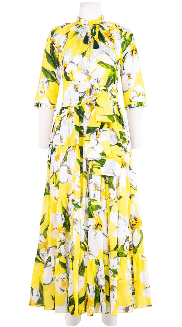 Eva Dress Crew Neck 3/4 Sleeve Maxi Length Cotton Musola (Emperor Tulip Bright)