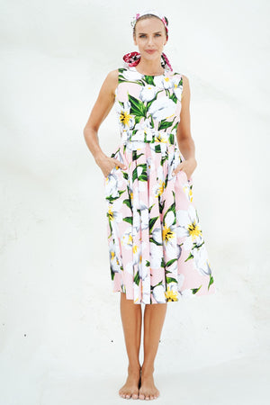 Abelia Dress Crew Neck Sleeveless Long Length Cotton Stretch (Emperor Tulip Pastel)