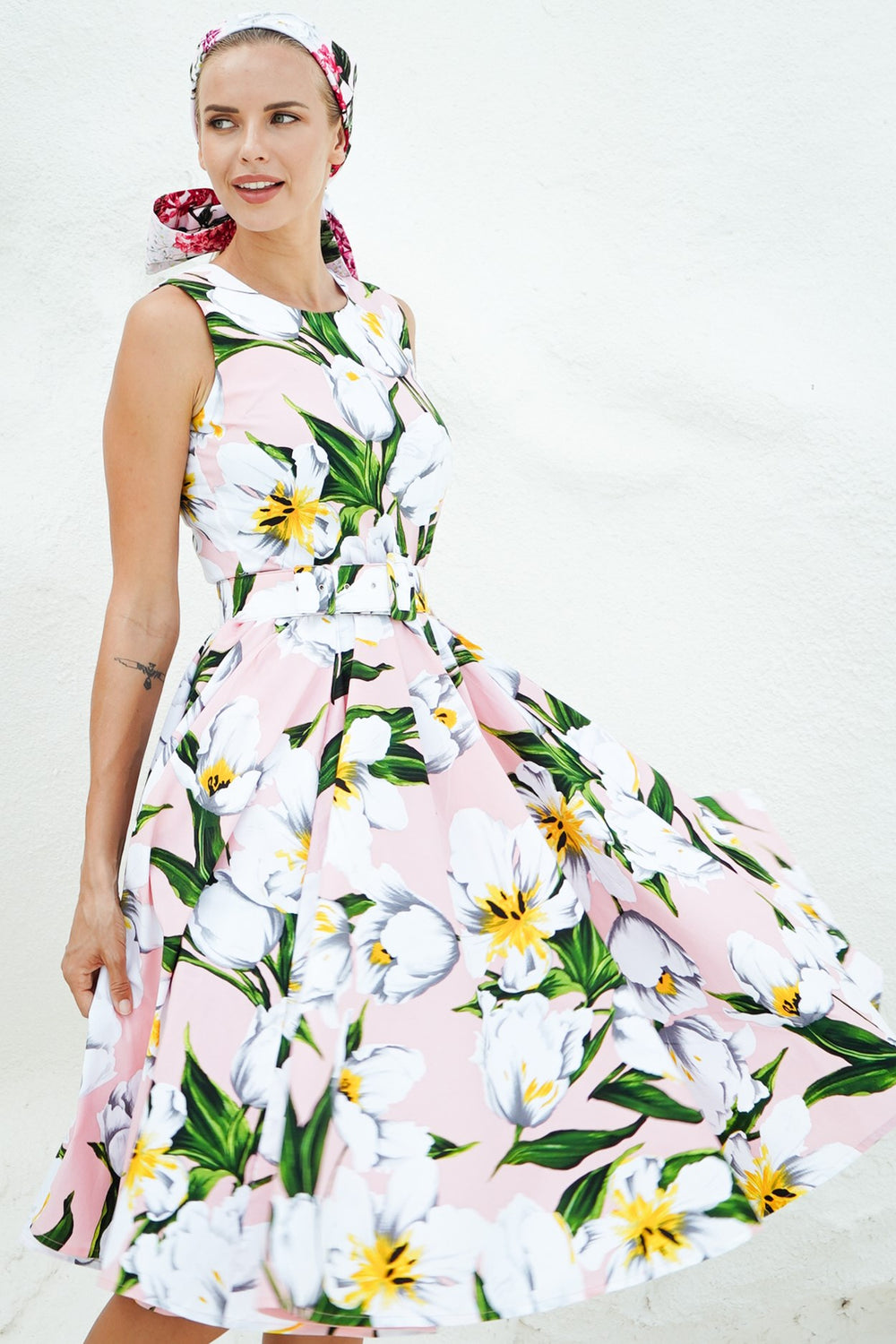 Abelia Dress Crew Neck Sleeveless Long Length Cotton Stretch (Emperor Tulip Pastel)