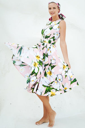 Abelia Dress Crew Neck Sleeveless Long Length Cotton Stretch (Emperor Tulip Pastel)