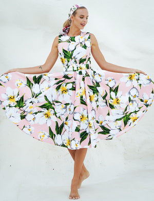 Abelia Dress Crew Neck Sleeveless Long Length Cotton Stretch (Emperor Tulip Pastel)