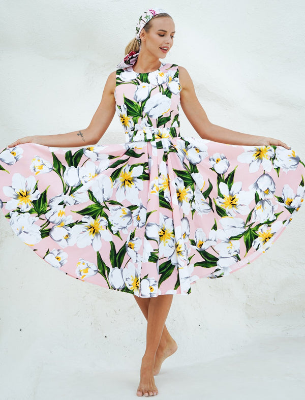 Abelia Dress Crew Neck Sleeveless Long Length Cotton Stretch (Emperor Tulip Pastel)