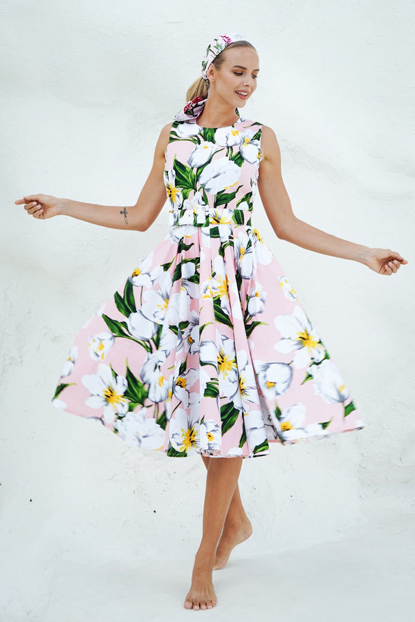 Abelia Dress Crew Neck Sleeveless Long Length Cotton Stretch (Emperor Tulip Pastel)