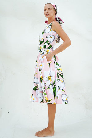 Abelia Dress Crew Neck Sleeveless Long Length Cotton Stretch (Emperor Tulip Pastel)