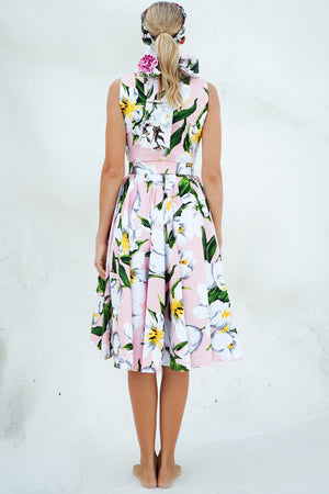 Abelia Dress Crew Neck Sleeveless Long Length Cotton Stretch (Emperor Tulip Pastel)