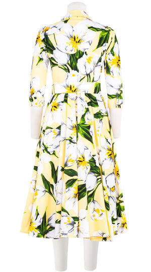 Abelia Dress Shirt Collar 3/4 Sleeve Midi Length Cotton Stretch (Emperor Tulip Pastel)