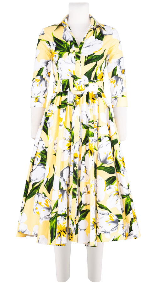 Abelia Dress Shirt Collar 3/4 Sleeve Midi Length Cotton Stretch (Emperor Tulip Pastel)