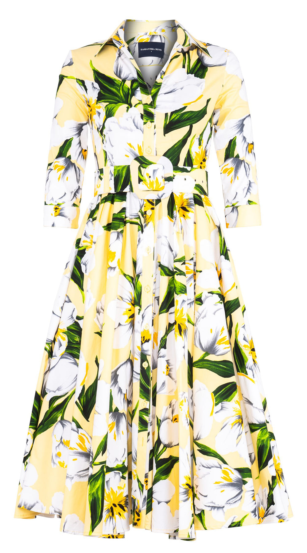 Abelia Dress Shirt Collar 3/4 Sleeve Midi Length Cotton Stretch (Emperor Tulip Pastel)