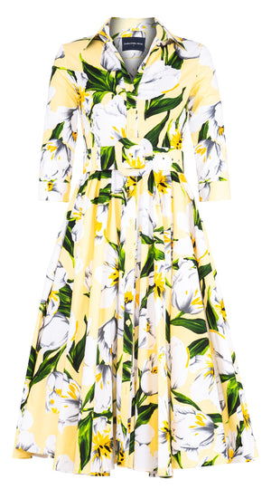 Abelia Dress Shirt Collar 3/4 Sleeve Midi Length Cotton Stretch (Emperor Tulip Pastel)
