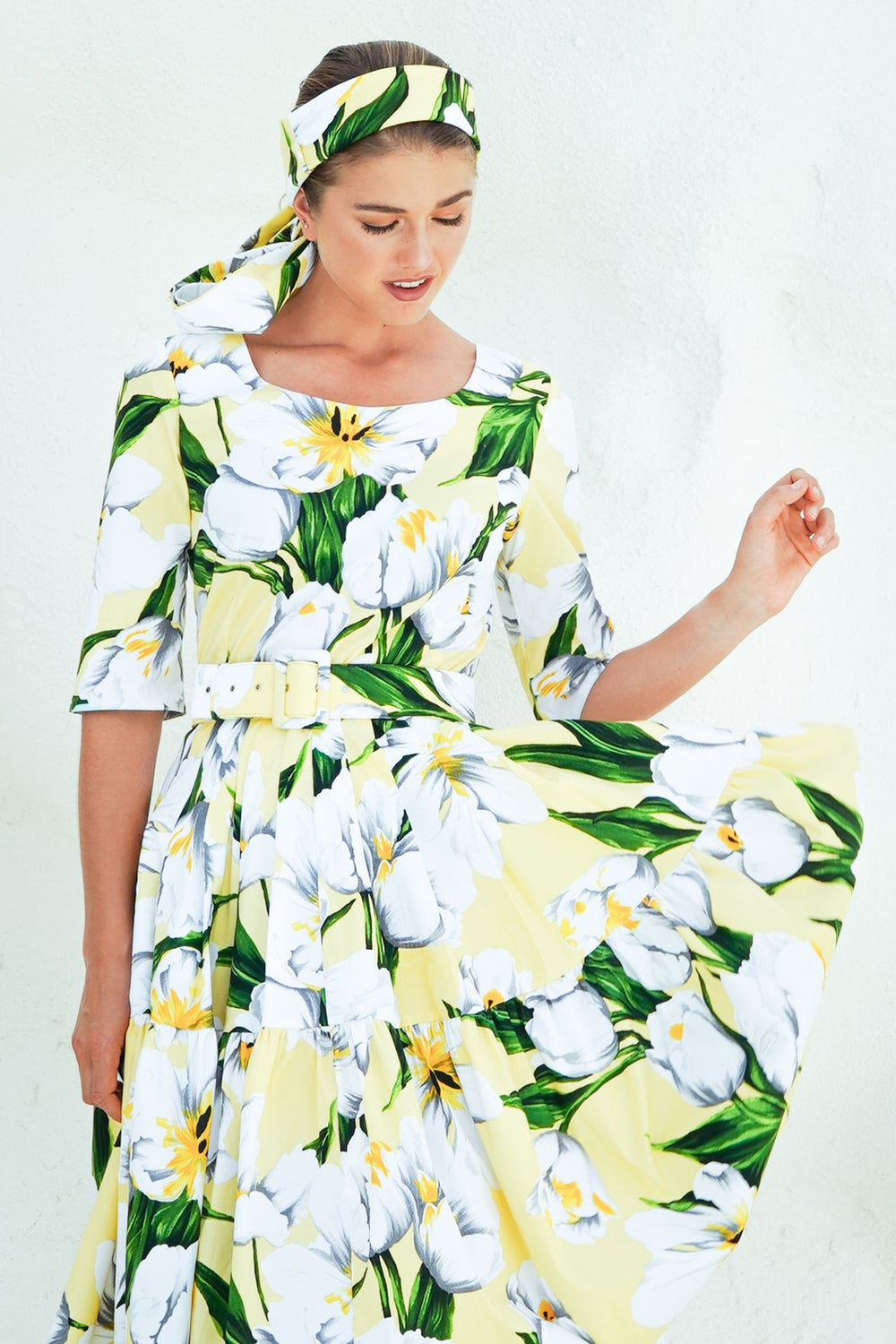 Rose Dress Crew Neck 1/2 Sleeve Long Length Cotton Stretch (Emperor Tulip Pastel)
