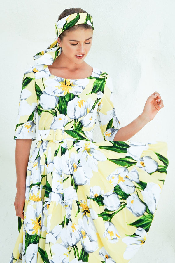Rose Dress Crew Neck 1/2 Sleeve Long Length Cotton Stretch (Emperor Tulip Pastel)