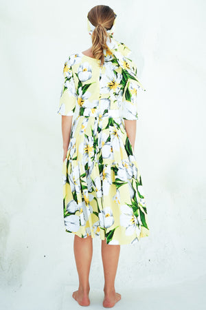 Rose Dress Crew Neck 1/2 Sleeve Long Length Cotton Stretch (Emperor Tulip Pastel)