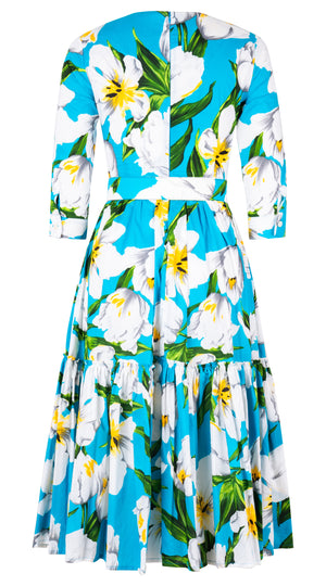 Melanie Dress Crew Neck 3/4 Sleeve Midi Length Cotton Lawn (Emperor Tulip Bright) @XS-XXL