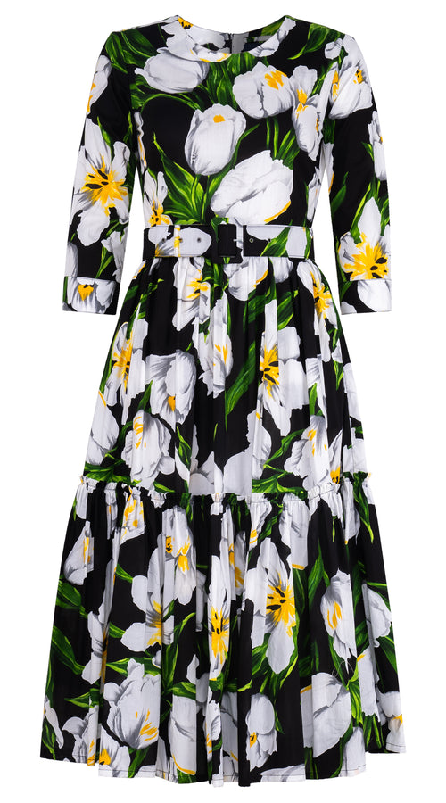 Melanie Dress Crew Neck 3/4 Sleeve Midi Length Cotton Lawn (Emperor Tulip Bright) @S-XL