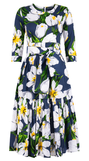 Melanie Dress Crew Neck 3/4 Sleeve Midi Length Cotton Lawn (Emperor Tulip Bright) @XS-XXL