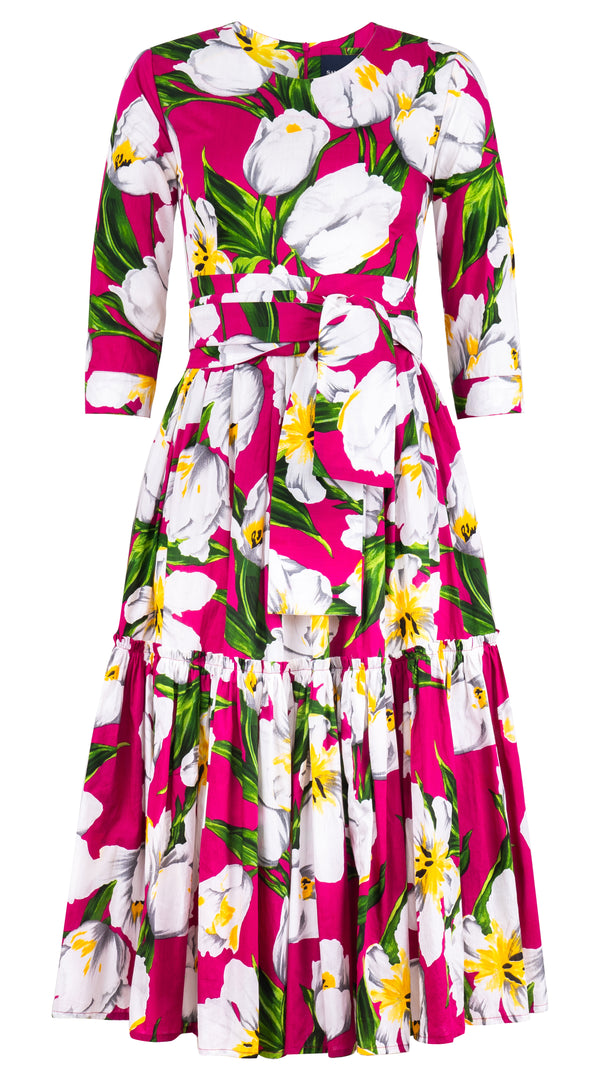 Melanie Dress Crew Neck 3/4 Sleeve Midi Length Cotton Lawn (Emperor Tulip Bright) @XS-XXL