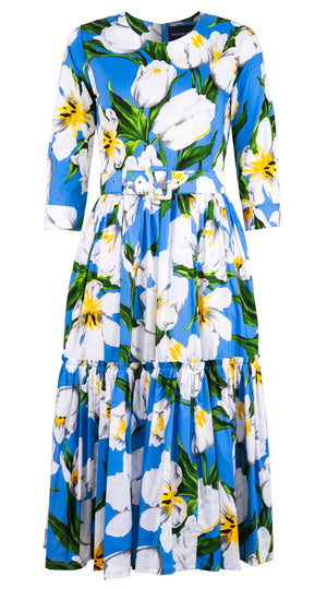 Melanie Dress Crew Neck 3/4 Sleeve Midi Length Cotton Lawn (Emperor Tulip Bright) @XS-XXL