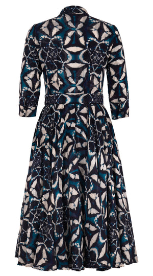 Aster Dress Shirt Collar 3/4 Sleeve Midi Length Wool (Essaouria Tie Dye) - Aqua