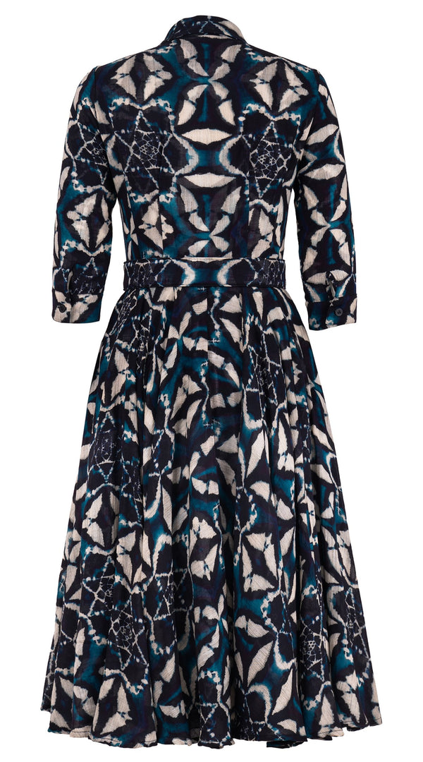 Aster Dress Shirt Collar 3/4 Sleeve Midi Length Wool (Essaouria Tie Dye) - Aqua