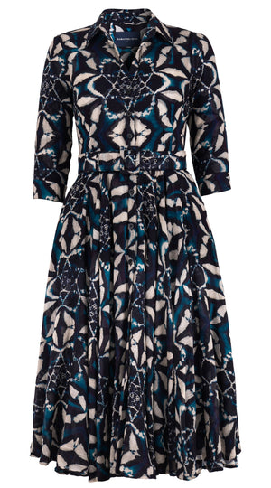 Aster Dress Shirt Collar 3/4 Sleeve Midi Length Wool (Essaouria Tie Dye) - Aqua