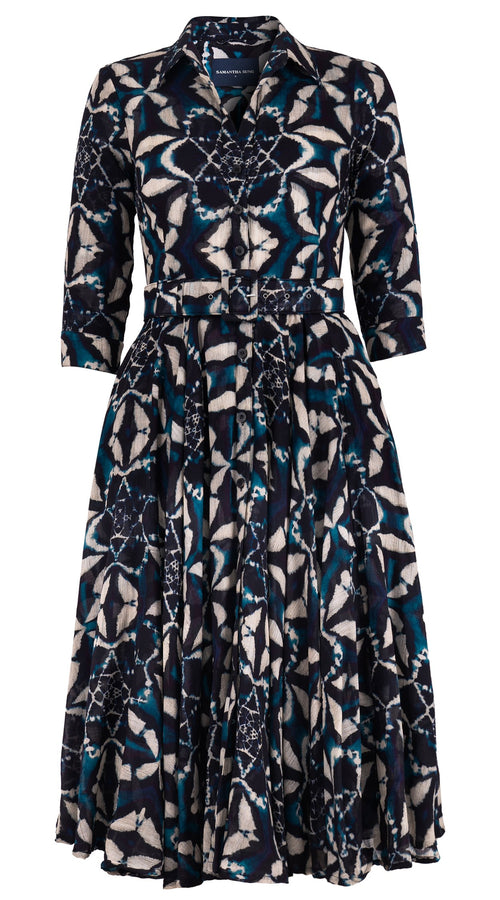 Aster Dress Shirt Collar 3/4 Sleeve Midi Length Wool (Essaouria Tie Dye) - Aqua