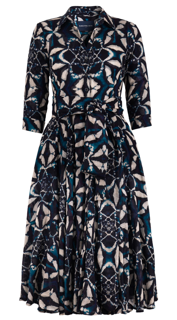 Aster Dress Shirt Collar 3/4 Sleeve Midi Length Wool (Essaouria Tie Dye) - Aqua