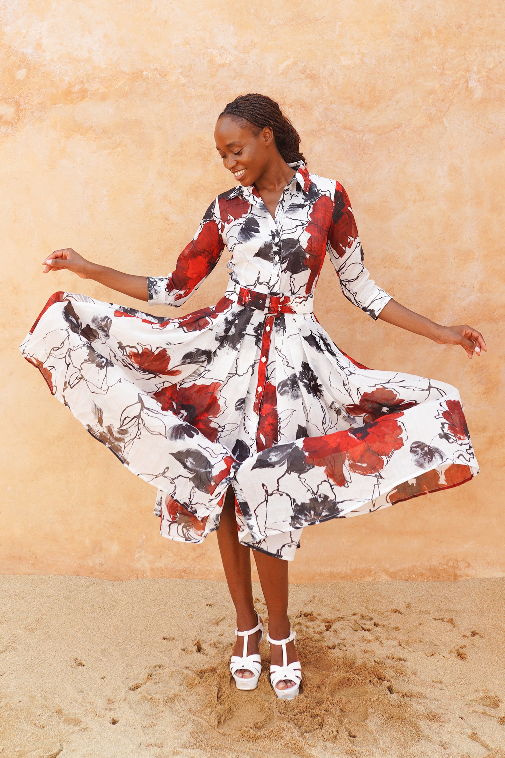 white 3 4 sleeve midi dress Audrey Dress #4 Shirt Collar 3/4 Sleeve Midi Length Cotton Musola (Fio