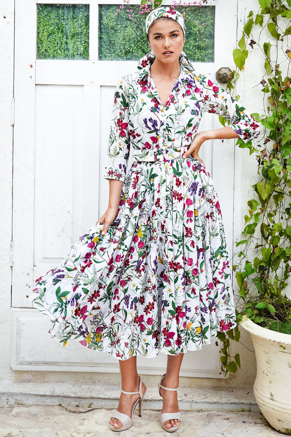 Aster Dress Shirt Collar 3/4 Sleeve Midi Length Cotton Musola (Fairy Tail Flower)