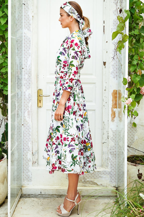 Aster Dress Shirt Collar 3/4 Sleeve Midi Length Cotton Musola (Fairy Tail Flower)