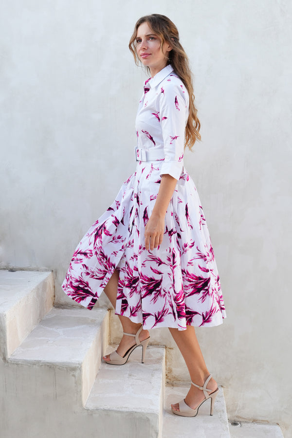 Audrey Dress #2 Shirt Collar 3/4 Sleeve Midi Length Cotton Stretch (Feather Cascade White)