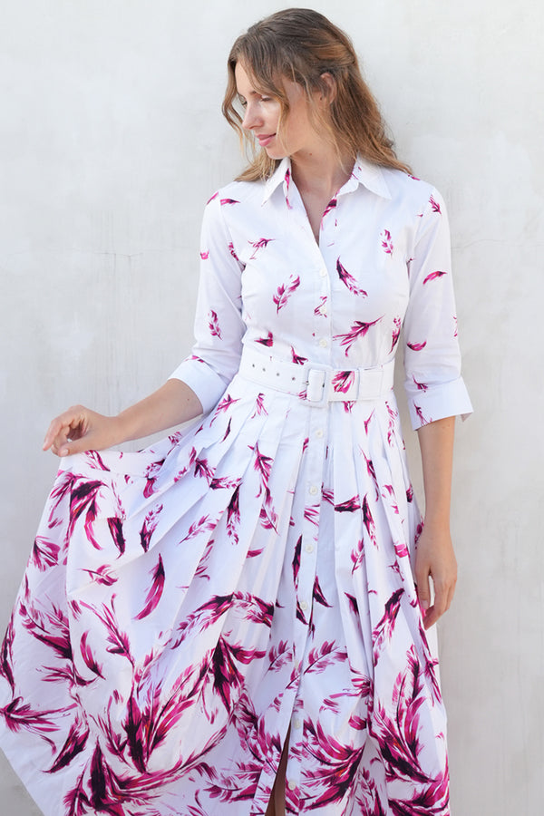 Audrey Dress #2 Shirt Collar 3/4 Sleeve Midi Length Cotton Stretch (Feather Cascade White)