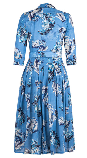 Audrey Dress #4 Shirt Collar 3/4 Sleeve Midi Length Wool Musola (Feather Lightness Dark) - Dusty Blue