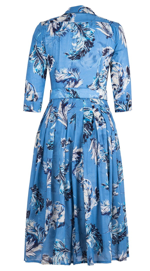 Audrey Dress #4 Shirt Collar 3/4 Sleeve Midi Length Wool Musola (Feather Lightness Dark) - Dusty Blue