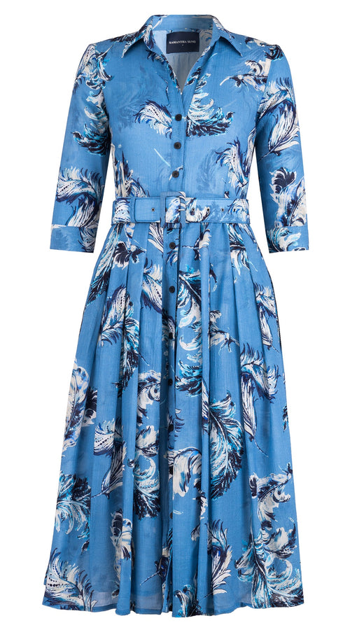 Audrey Dress #4 Shirt Collar 3/4 Sleeve Midi Length Wool Musola (Feather Lightness Dark) - Dusty Blue