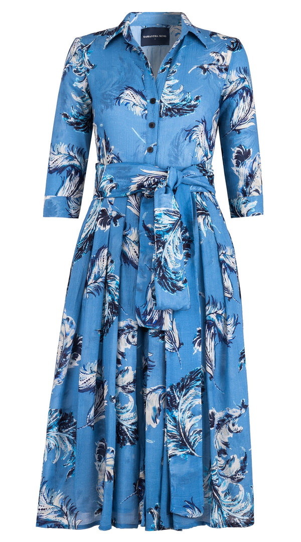 Audrey Dress #4 Shirt Collar 3/4 Sleeve Midi Length Wool Musola (Feather Lightness Dark) - Dusty Blue