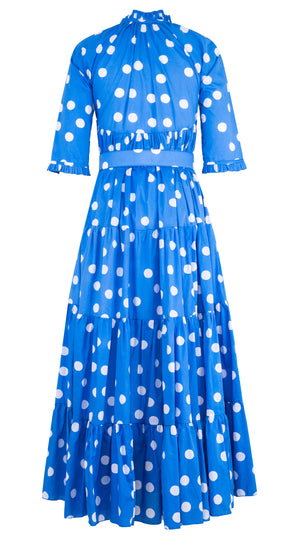 Eden Dress Crew Neck 3/4 Sleeve with Hamilton Belt Maxi Length Cotton Musola (Fellini Dots)
