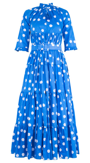 Eden Dress Crew Neck 3/4 Sleeve with Hamilton Belt Maxi Length Cotton Musola (Fellini Dots)