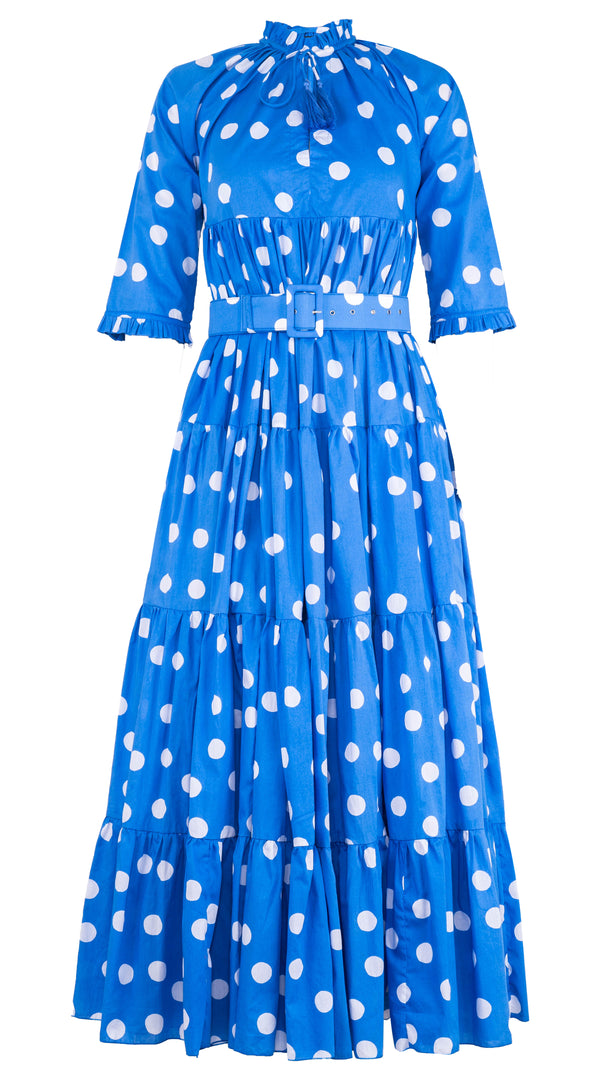 Eden Dress Crew Neck 3/4 Sleeve with Hamilton Belt Maxi Length Cotton Musola (Fellini Dots)
