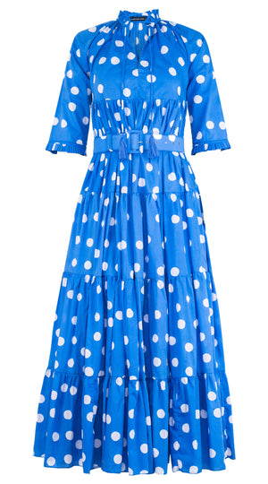 Eden Dress Crew Neck 3/4 Sleeve with Hamilton Belt Maxi Length Cotton Musola (Fellini Dots)