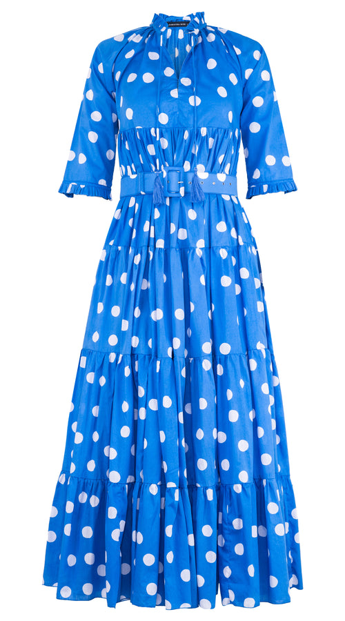 Eden Dress Crew Neck 3/4 Sleeve with Hamilton Belt Maxi Length Cotton Musola (Fellini Dots)
