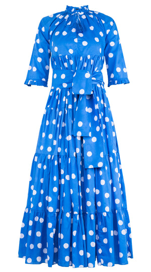 Eden Dress Crew Neck 3/4 Sleeve with Hamilton Belt Maxi Length Cotton Musola (Fellini Dots)